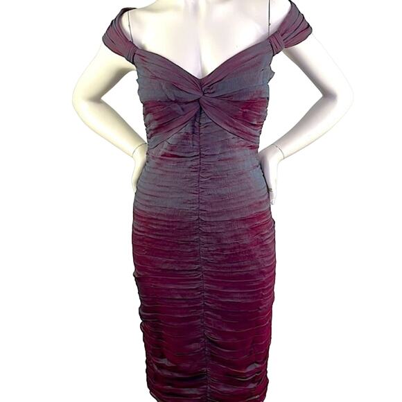 Tadashi Collection Dresses & Skirts - TADASHI Collection Wine & Teal Ruched Chiffon Cocktail Dress Off Shoulder Size 6